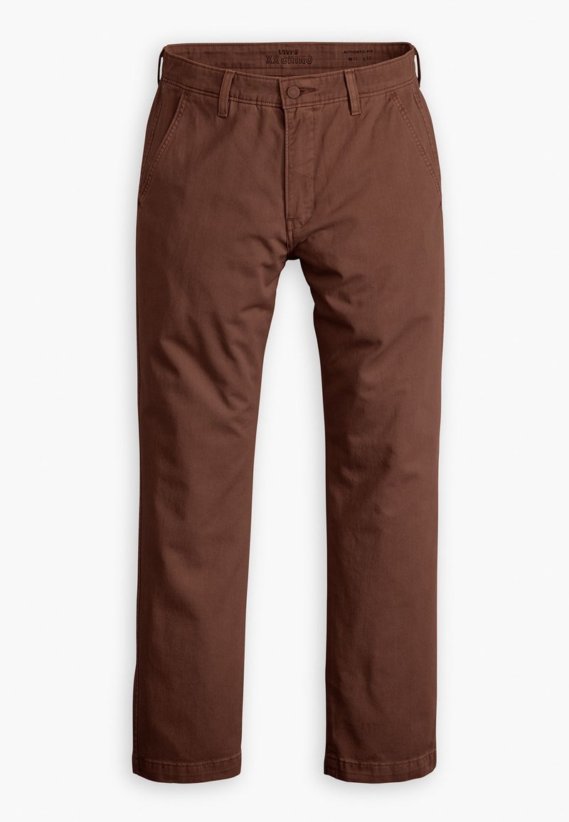 Chino marroni in cotone, con design classico a gamba dritta, passanti per cintura e tasca anteriore. Texture liscia con una finitura pulita.