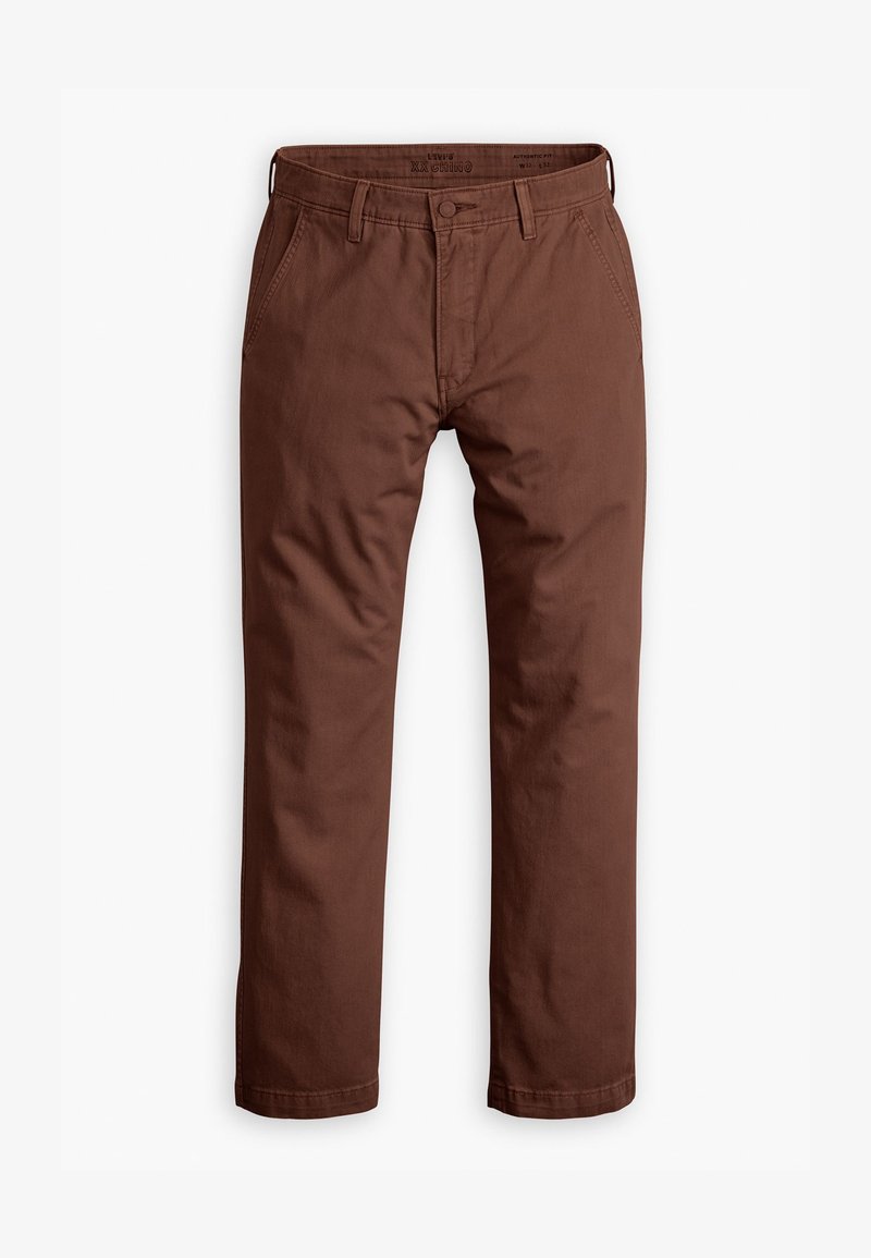 Braune Chinos aus Baumwolle mit einem klassischen, geraden Schnitt, Gürtelschlaufen und einer Vordertasche. Glatte Textur mit sauberem Finish.
