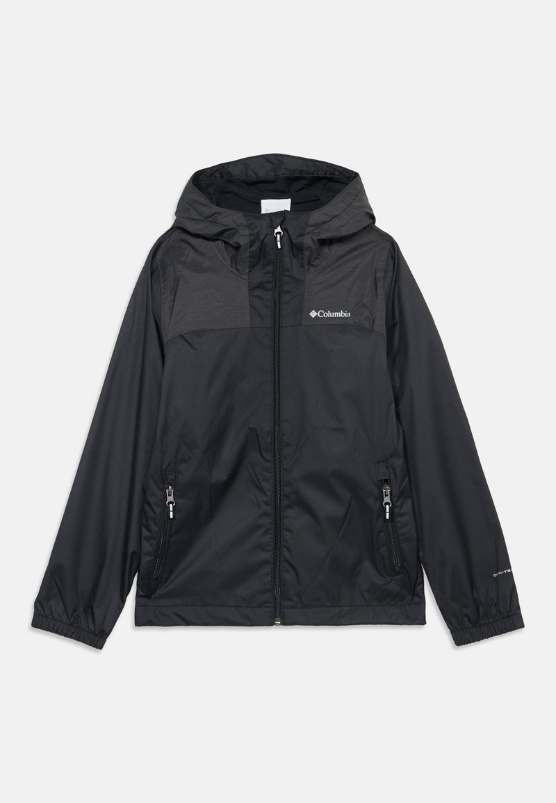 Veste à capuche noire Columbia avec fermeture éclair frontale, deux poches zippées, poignets élastiques et texte "Omni-Tech" sur la manche gauche.