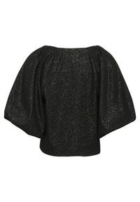 Top nero con finitura testurizzata, caratterizzato da maniche a sbuffo e una scollatura ampia. Il materiale brilla sottilmente, arricchendo il design complessivo.