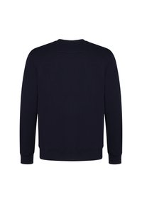 Marineblauwe katoenen sweatshirt met ronde hals en lange mouwen, voorzien van geribde manchetten. De achterkant toont minimale details en een gladde textuur.