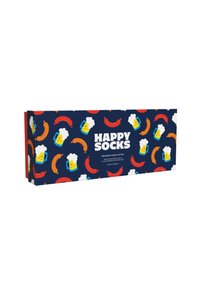 Pudełko na skarpetki z granatowym tłem i kolorowymi wzorami przedstawiającymi kufle piwa, kiełbaski oraz tekst "HAPPY SOCKS" w pogrubionej bieli.