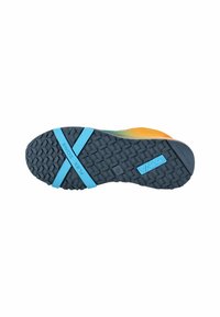 Suola della scarpa con una superficie in gomma nera texturizzata, presenta dettagli blu e un'etichetta "FLEX ZONE", progettata per la presa e la flessibilità.