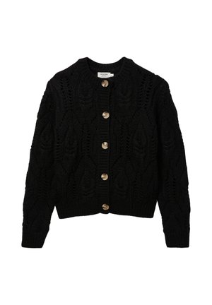 Cardigan noir en maille avec motifs torsadés, col rond, manches longues et fermeture avant avec cinq boutons beiges.