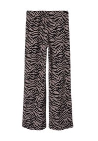 Vide bukser i et mykt, elastisk stoff med zebramønster i svart på lys rosa bakgrunn. Elastisk midjebånd for komfort.