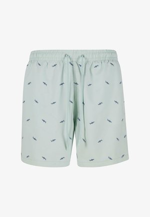 Šviesiai mėtos spalvos maudymosi šortai su elastingu raišteliu juosmeniui, papuošti mažais tamsiai mėlynais ryklių raštais. Pagaminti iš minkštos, greitai džiūstančios medžiagos.