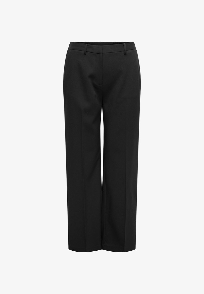 Μαύρο παντελόνι με φαρδιά μπατζάκια από λείο ύφασμα, με επίπεδη μπροστινή όψη, θηλιές για ζώνη και χωρίς ορατά διακοσμητικά ή σχέδια.