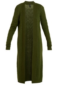 Long gilet vert olive en tissu tricoté texturé avec un motif ondulé, ouverture sur le devant et poignets côtelés. Design léger et respirant.