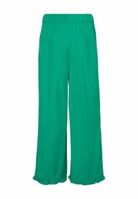 Zielone szerokie spodnie wykonane z lekkiego materiału, z elastycznym pasem i falbaniastymi końcówkami. Gładka tekstura, długość do kostek.