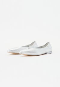 Ballerines argentées métalliques à bout pointu, présentant une texture lisse et une semelle plate. Design minimaliste sans quincaillerie visible.