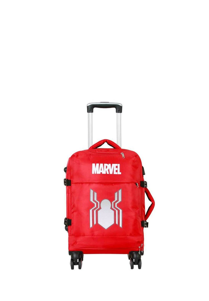 Maleta roja con ruedas, con mango de aluminio ajustable, que presenta el logotipo de "MARVEL" y un diseño de Spider-Man en acentos blancos y grises.