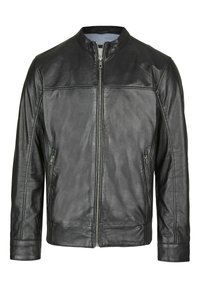 Schwarze Lederjacke mit rundem Kragen, Frontreißverschluss, zwei seitlichen Taschen und glatter Textur. Verfügt über feine Nähte entlang der Nähte.