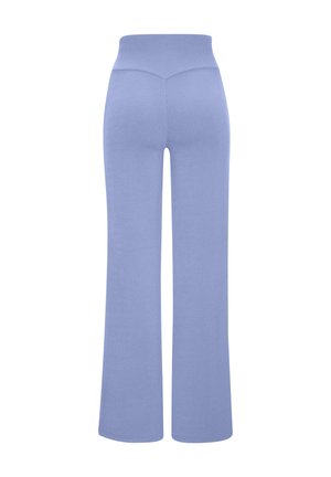 Light blue ribbed flared pants with a high waistband and smooth texture, featuring a fitted silhouette tapering to a wide leg.
