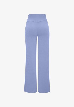 Light blue ribbed flared pants with a high waistband and smooth texture, featuring a fitted silhouette tapering to a wide leg.