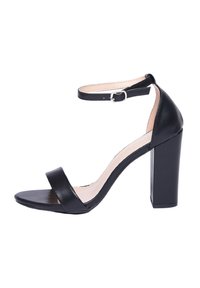Sandal con tacco alto nero, con tomaia in pelle liscia, fascia larga sulla punta, cinturino alla caviglia con fibbia e tacco quadrato spesso.
