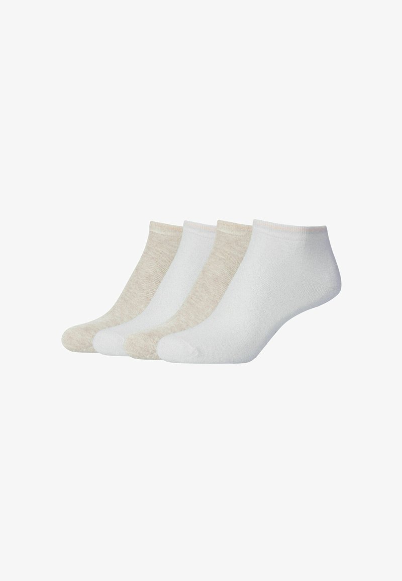 Quattro paia di calzini corti in beige e bianco. Tessuto morbido con una texture liscia; due bianchi solidi, due con motivo beige melangiato.