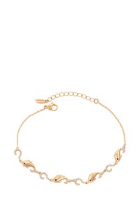 Bracciale in oro con quattro ciondoli a forma di delfino e piccoli link a forma di onda impreziositi da diamanti, con chiusura a moschettone e catena regolabile.