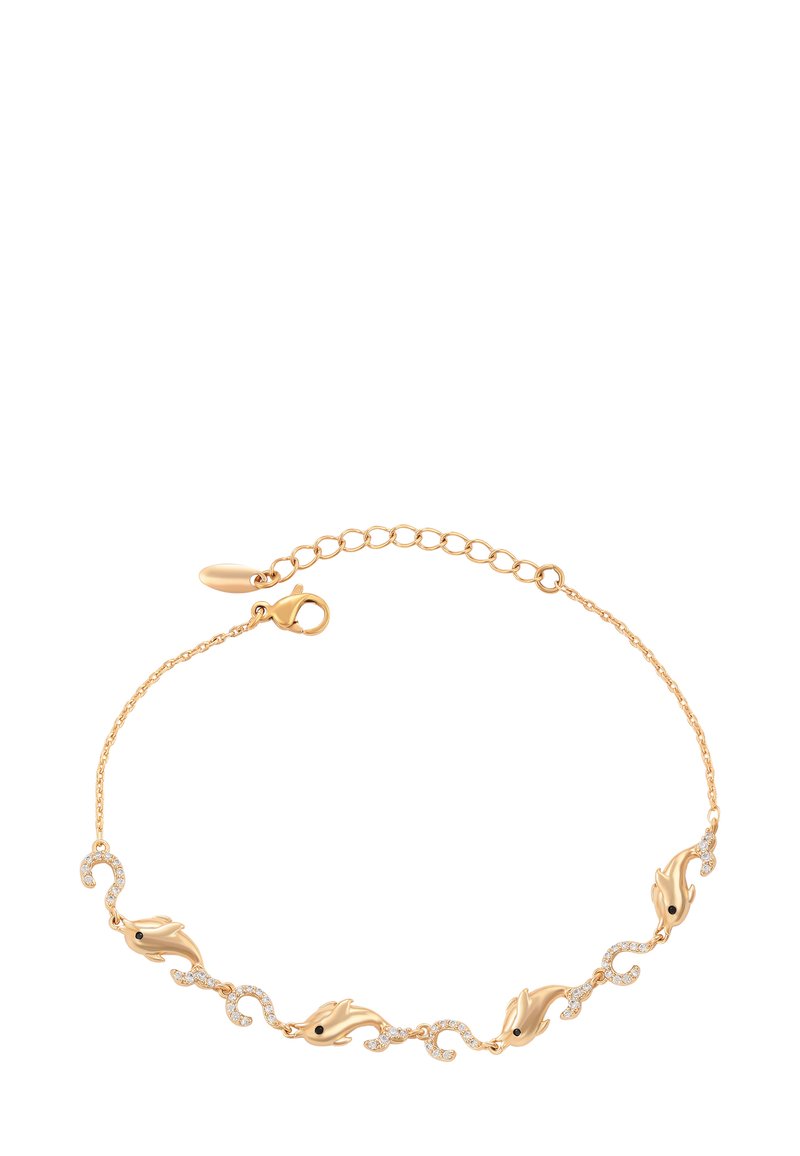 Bracciale in oro con quattro ciondoli a forma di delfino e piccoli link a forma di onda impreziositi da diamanti, con chiusura a moschettone e catena regolabile.