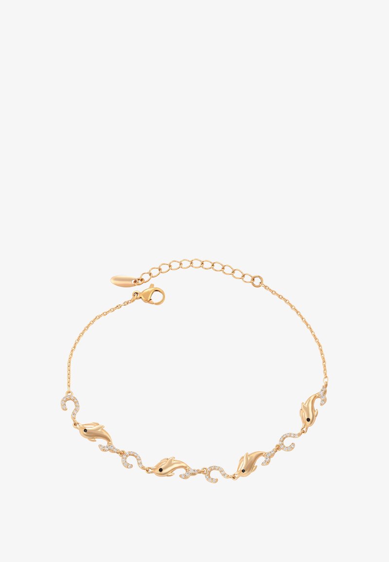 Arany lánckarkötő, négy delfin alakú medállal és apró gyémánttal díszített hullámos láncszemekkel, rákcsatos záródással és állítható lánccal.