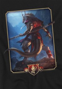 Digitale Kunst eines humanoiden Drachen mit einem langen Schwanz, der ein rot-schwarzes Outfit trägt und ein Schwert schwingt, vor einem blauen Hintergrund mit detaillierten Grafiken.