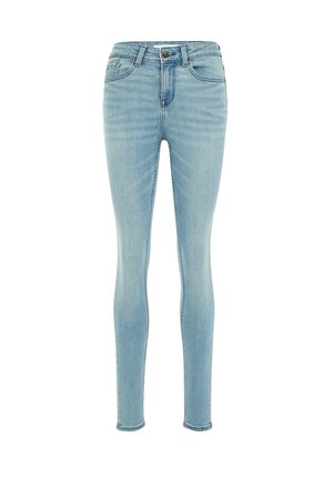 Helle blaue Skinny-Jeans mit Fronttaschen, Gürtelschlaufen und Knopfverschluss, vor einem weißen Hintergrund gezeigt.