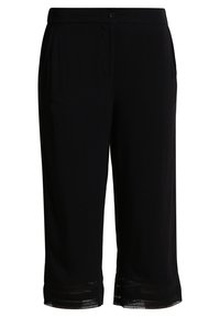 Svarta korta byxor i mjukt material, med knappstängning och genomskinliga spetsdetaljer vid fållen.