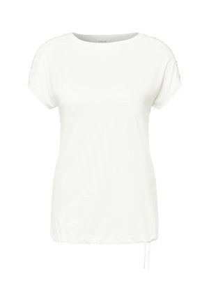 White short-sleeve t-shirt featuring a round neckline, gathered details on the shoulders, and an adjustable drawstring at the hem.