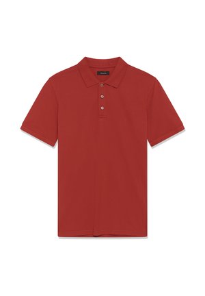 Rövid ujjú, rozsdabarna narancssárga galléros póló három gombbal, fehér háttéren laposan elhelyezve.