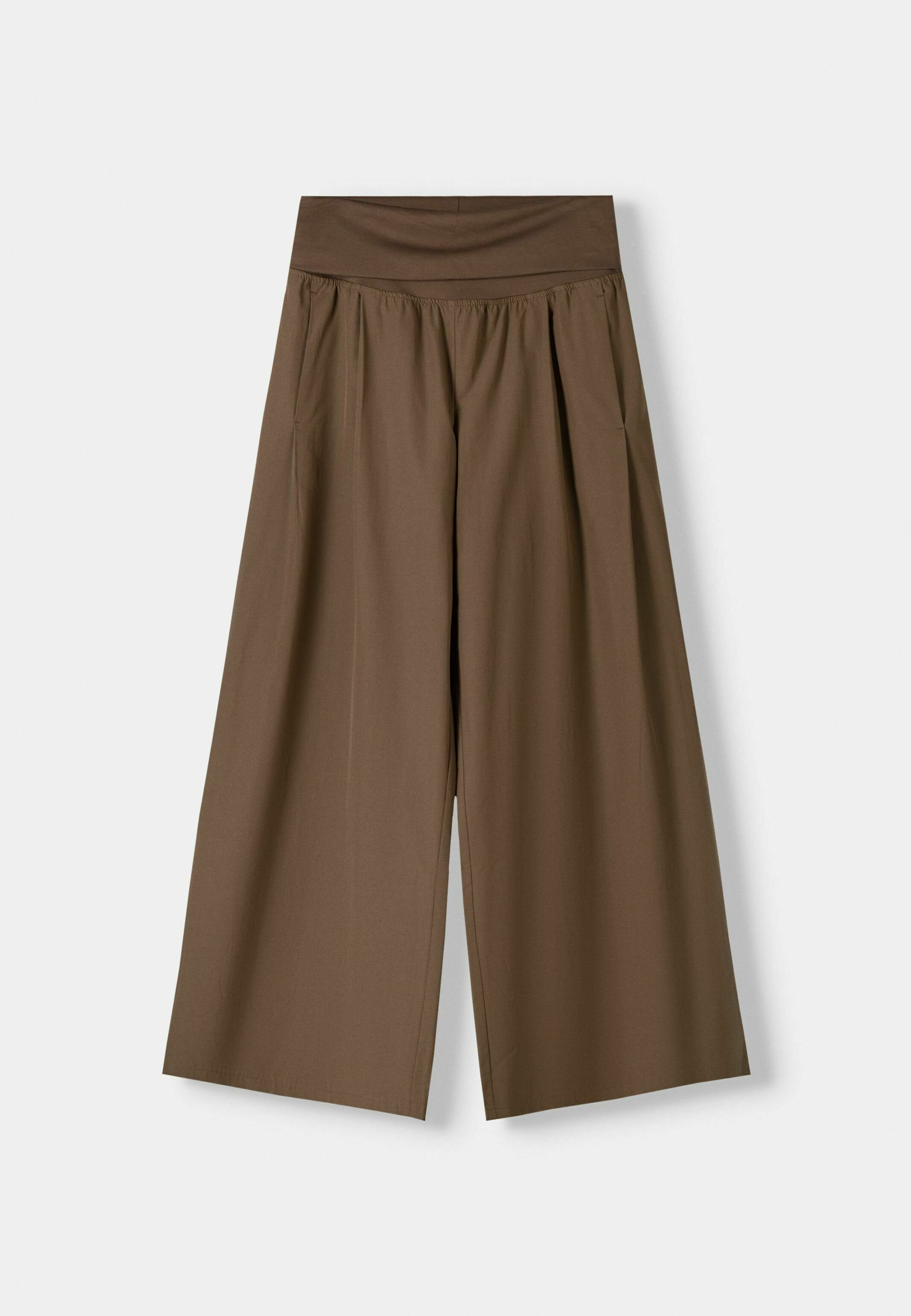 Bershka WIDE WITH FOLD-OVER WAIST - Trousers - brown - Zalando