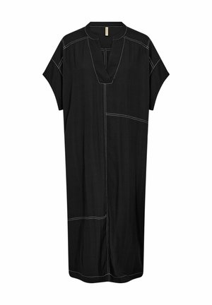 Black dress made of smooth fabric, featuring a V-neck, short sleeves, and contrasting white stitching in a geometric pattern.