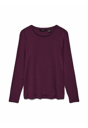 Langsleeve top in diep paars, ronde halslijn, zachte stof met een licht gestructureerde afwerking, ontspannen pasvorm, geen zichtbare hardware of patronen.