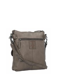 Borsa a tracolla grigia in pelle con tracolla regolabile, tasca frontale con zip e dettaglio del logo dell'ancora impresso. Texture liscia e design minimalista.
