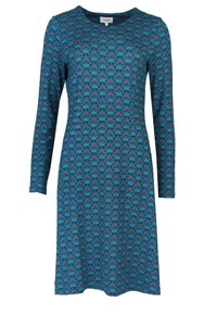 Langärmliges Kleid in Türkis mit floralen Mustern in Rot und Blau. Aus weichem Stoff gefertigt, verfügt es über einen runden Ausschnitt und einen knielangen Schnitt.