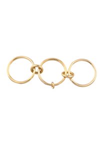 Goldfarbener Metall-Schlüsselring mit drei miteinander verbundenen Kreisen, zwei glatten und einem mit einem Knoten, alle mit polierter Oberfläche.