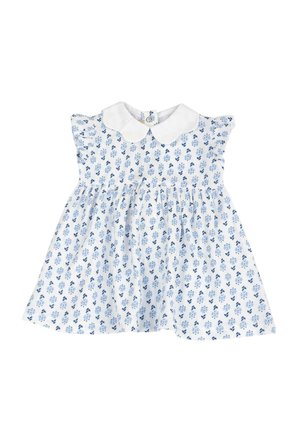 Biała sukienka z niebieskim kwiatowym wzorem, krótkie falbaniaste rękawy i kołnierzyk Peter Pan. Zapięcie na guziki z tyłu. Miękka bawełniana tkanina.