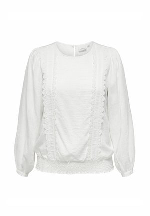 Hvid bluse med lange ærmer, rund halsudskæring, blondekant foran, rynkede manchetter og smocket talje.