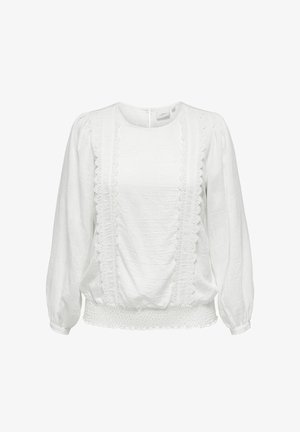 Balta ilgomis rankovėmis palaidinė su apvalia iškirpte, nėrinių detalėmis priekyje, surinktų rankogalių ir suspaustu juosmens diržu.