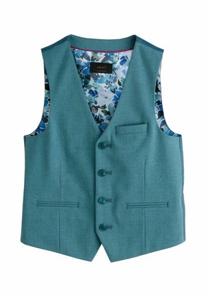 Grønblå herrelandvest med fire knapper, tre forlommer og en blomsterblå mønstret inderforing.