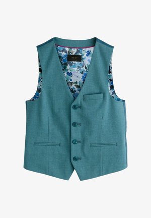 Gilet homme bleu sarcelle avec quatre boutons, trois poches avant et une doublure intérieure à motif floral bleu.