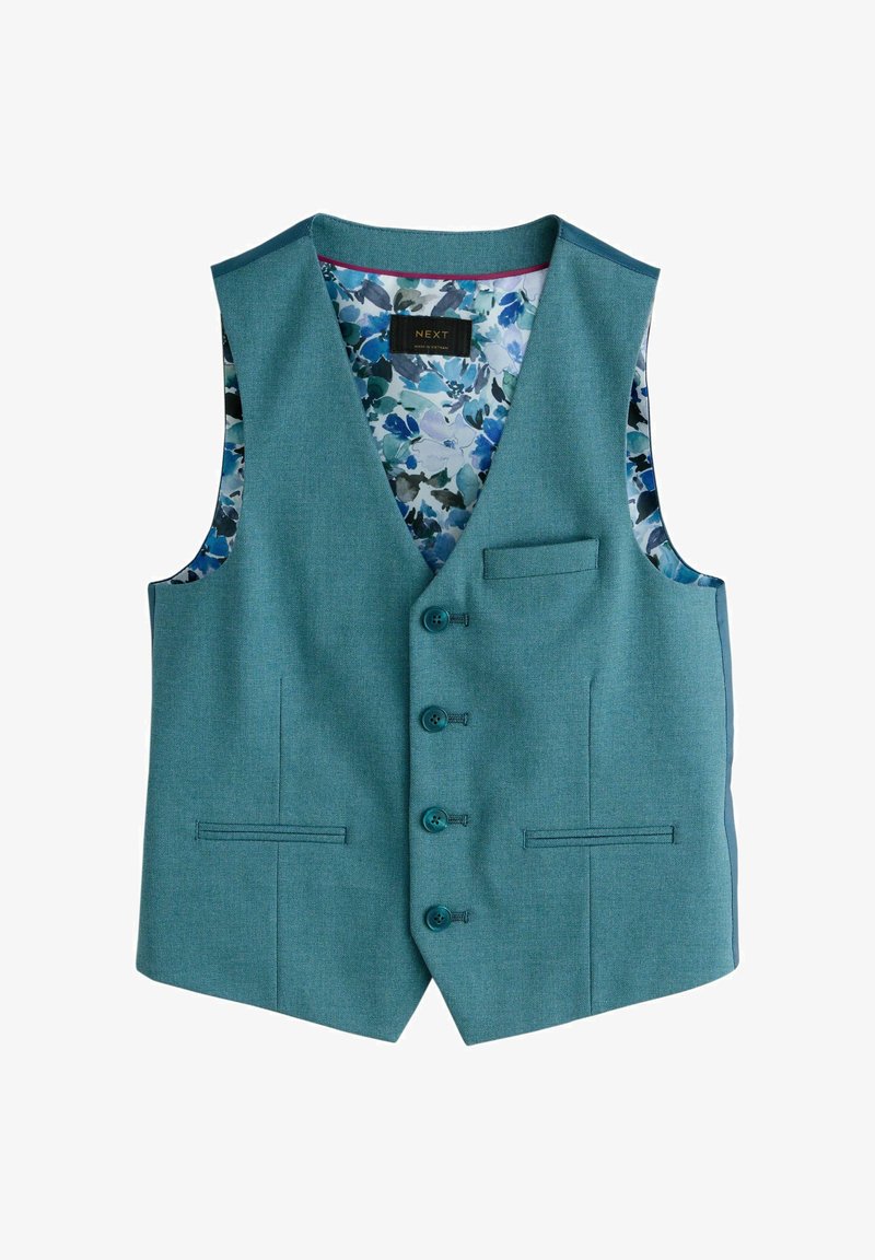 Gilet homme bleu sarcelle avec quatre boutons, trois poches avant et une doublure intérieure à motif floral bleu.