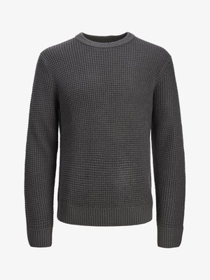 Szürke kötött pulóver texturált mintával, kerek nyakkal, bordázott mandzsettával és aljal a szabott megjelenésért.