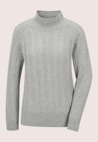 Hellgrauer Kabelstrickpullover mit geripptem hohem Kragen, Bündchen und Saum, auf einem neutralen Hintergrund präsentiert.