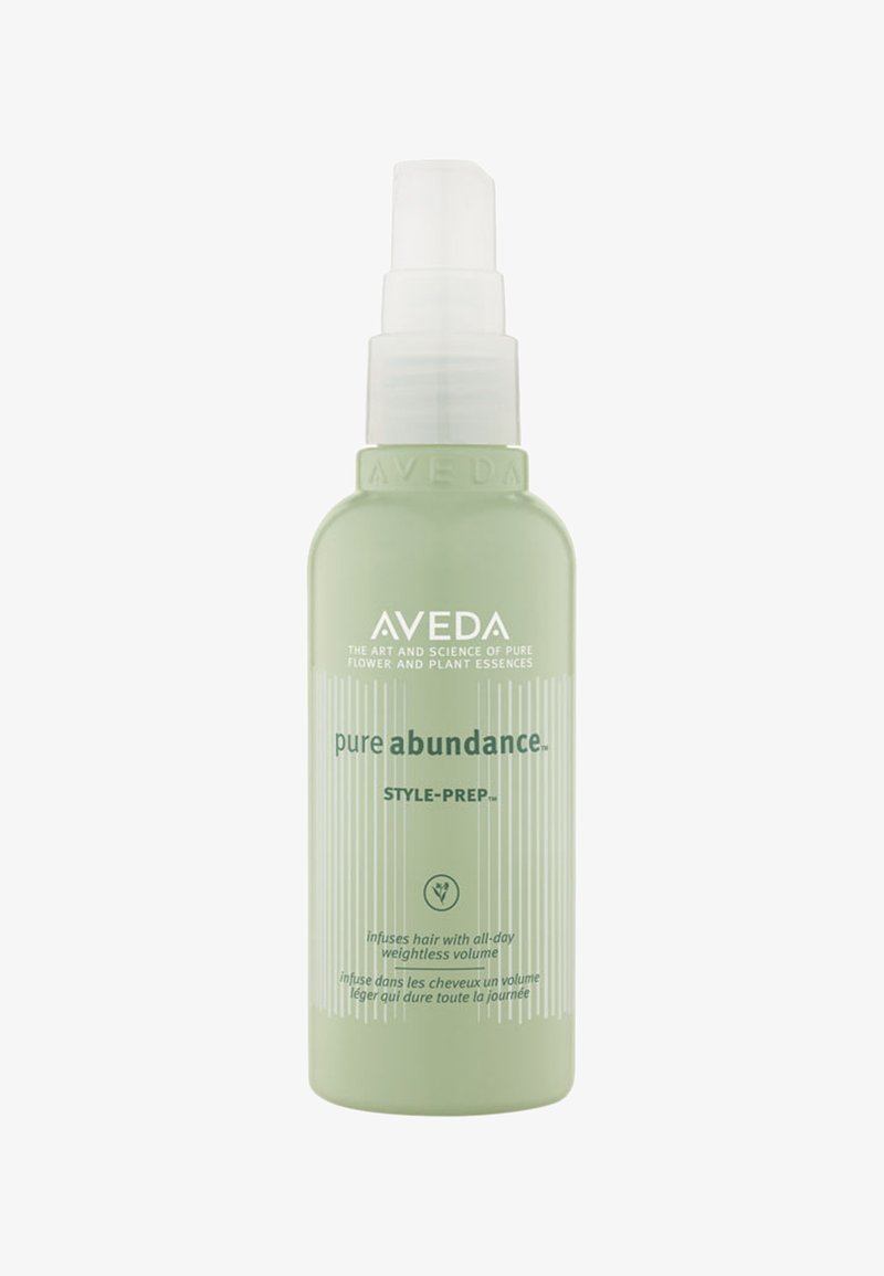 Pullon Aveda Style-Prep, sylinterinmuotoisena, mattavihreänä, jossa on valkoiset pystyraidat ja pumppusuihku; tuotetiedot etiketeissä.