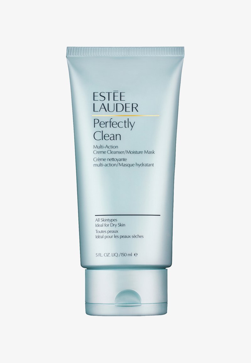 Tube flexible bleu clair avec du texte blanc et doré, étiqueté "Parfaitement Propre Multi-Action." Contient 150 ml de nettoyant crème/masque hydratant.