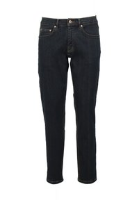 Dunkelblaue Jeans mit schmalem Schnitt, ausgestattet mit fünf Taschen, dezenten Stickdetails und einem Knopfverschluss.