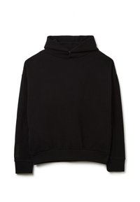 Sudadera negra hecha de un tejido suave, con un alto cuello, mangas largas y un corte holgado. Diseño minimalista con un sutil logotipo en la manga.