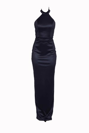 Robe en satin navy à col halter, silhouette ajustée, longueur maxi, texture lisse, avec un haut col et des détails froncés à la taille.