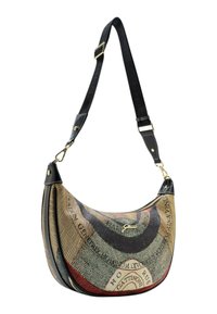 Hobo bag with a curved shape, multicolored textured fabric featuring abstract patterns, black leather accents, and an adjustable strap.