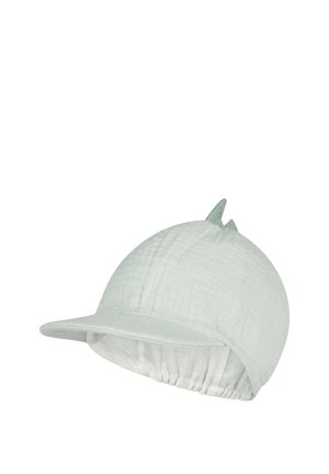 Light gray quilted baby cap with small fabric spikes on top and an elastic band at the back for a secure fit.