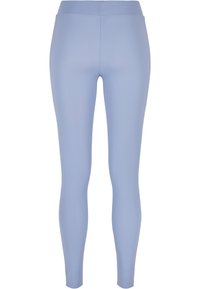 Leggings bleu clair en tissu extensible, avec une taille haute et une coupe lisse et ajustée sans poches ni ornements.